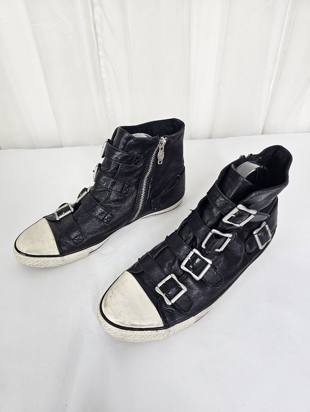 ASH Virgin Black Leather Buckle High Top Sneakers Size 41 - Picture 2 of 11